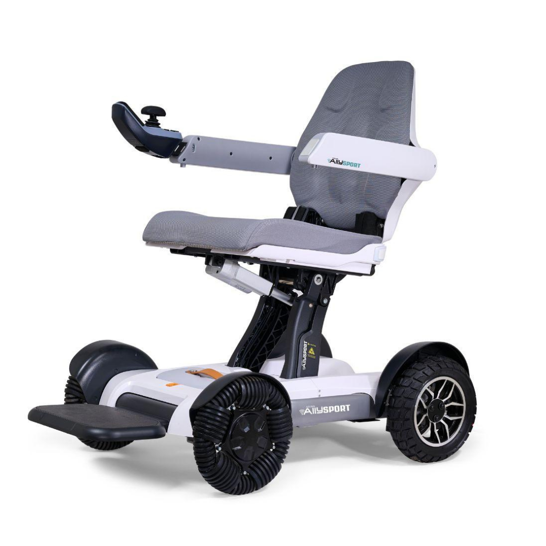 The Golden Tech Ally Sport Smart Powerchair features omni-directional wheels, app and joystick controls, ergonomic memory foam seating, gray cushioned seat, armrests, and a compact design for enhanced accessibility and mobility.